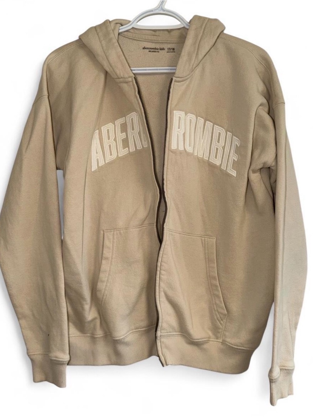 abercrombie kids beige zip-front hoodie